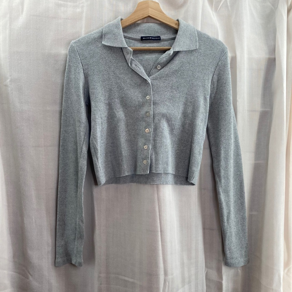 Brandy Melville Gray Ribbed Collared Long Sleeve Cropped Button‎ Up Top Y2K